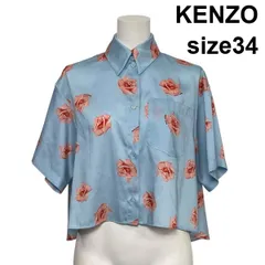 ◇ ケンゾー Kenzo クロップド半袖シャツ ブラウス バラ柄プリント ドロップショルダー 水色 ピンク 34 S～M 7～9号 レディース S6D350のサムネイル