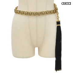 美品 グッチ GUCCI スエード タッセル付き チェーン ベルト トムフォード期 ブラック