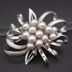 V366 本真珠 6.4-6.9mm13珠 パール SILVER刻印 ブローチ グレー系カラー デザイン シルバー コサージュ 6月誕生石