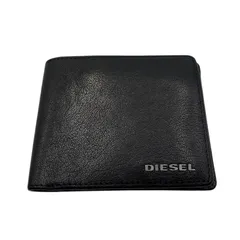 ■DIESEL ディーゼル 二つ折り財布 レザー ブラック メタルロゴ 小銭入れあり 本革 メンズ 紳士 黒