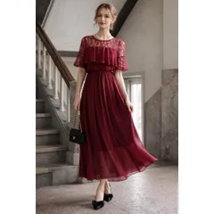 DRESS PLUS 胸元フリルのレースドレス・結婚式 パーティードレス レッド