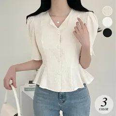 トップス パフスリーブ 半袖 シャツ ブラウス フリル ラウンドネック プリーツ フレア おしゃれ きれいめ カジュアル 清楚 春 夏