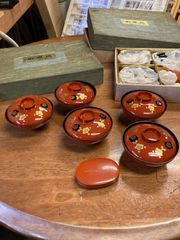 蓋付き椀 5客セット 松と鶴の絵柄 漆器 朱塗 吸物碗 - メルカリ