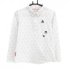 【美品】ルコックゴルフ 長袖ポロシャツ 白×ライトグレー 総柄 ボタンダウン レディース L ゴルフウェア le coq sportif