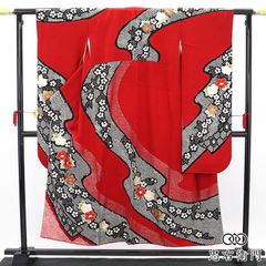 総絞り□赤(朱赤系)×黒□振袖単品157cm□正絹成人式前撮り撮影SI38 
