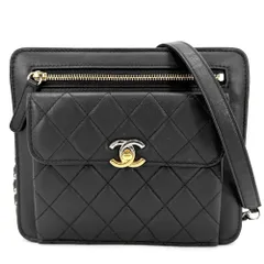 シャネル ショルダーバッグ レディース 肩掛け 斜め掛け ミニチェーン  マトラッセ  ポシェット CHANEL レザー ブラック 黒 シルバー×ゴールド金具 美品【中古品】