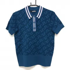 【超美品】ジェイリンドバーグ ニット半袖ポロシャツ ブルー系×ライトピンク ロゴ総柄編み レディース S ゴルフウェア J．LINDEBERG