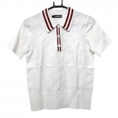 【超美品】ジェイリンドバーグ ニット半袖ポロシャツ 白×ブラウン系 ロゴ総柄編み レディース S ゴルフウェア J．LINDEBERG