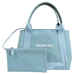 極美品》バレンシアガ ネイビーカバス トートバッグ ライトブルー XS 