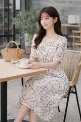 ワンピース 小花柄 シフォン ミディアム丈 ホワイト