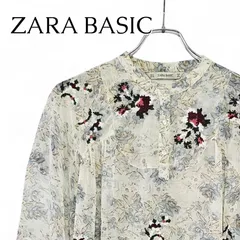 ZARA BASIC ザラベーシック レディース ブラウス シャツ Mサイズ 総柄 花柄 刺繍 シースルー 透け感 ベージュ系 ボタニカル バンドカラー パフスリーブ インド製 ポリエステル100% エレガント カジュアル 華やか 421KJ