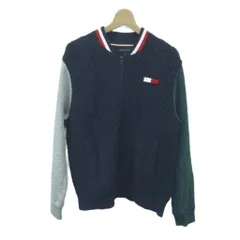 トミーヒルフィガー TOMMY HILFIGER カーディガン ウール L 紺 ネイビー ケーブルニット 長袖 配色デザイン /NP ■GY99