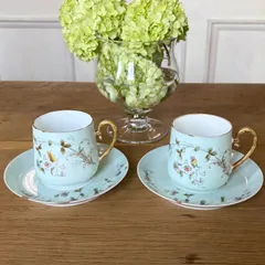 （2客セット）金継ぎ済　フランスアンティーク　薄いガラスのカップ＆ソーサー　ブルー　古物【935】