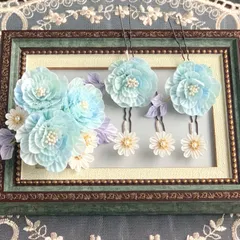 成人式 髪飾り ブルー グリーン つまみ細工 正絹 振袖 袴 卒業式 結婚式 上品 6点セット