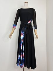 アシンメトリー】新品 黒 パープルローズプリント ワンピースb306