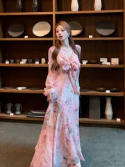 送料無料 ドレス ワンピース レディース 夏 Vネック フラワープリント ロングスカート ギャザー ウエスト 絞り ロングスリーブ Aライン ピンク S M L XL XXL かわいい 上品