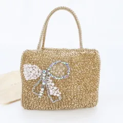 美品 アンテプリマ ワイヤーバッグ ラインストーン フェイクパール リボン モチーフ ハンドバッグ トート レディース REE DV6-1【中古】