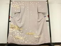 平和屋着物▽訪問着　単衣　駒刺繍　草花文　金彩　正絹　逸品　AABH2237jh 平和屋着物□訪問着 駒刺繍 流水枝花文 暈し染め 金糸 金彩 正絹 逸品