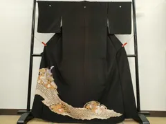 平和屋着物■黒留袖　尾長鳥花文　金彩　ロング丈　洗える着物　CABF6467ou