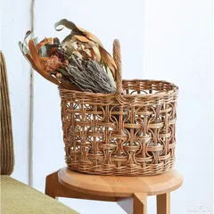 ループ編みオーバルバスケット｜皮付き天然ラタン手編み・ワンハンドル・深型・ドライフラワー・見せる収納・ナチュラルヴィンテージインテリア