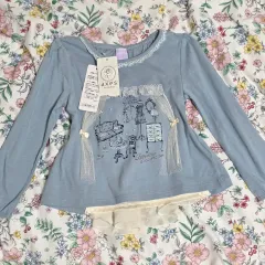 アクシーズファム キッズ 日本 ヴィンテージ)キッズ 110 ロマンティック ブルー レースフリル 長袖Tシャツ