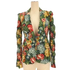 ザラウーマン ZARA WOMAN 花柄 ジャケット ギャザースリーブ グリーン ブラック系 XS 260109E ■FFのサムネイル