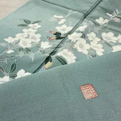 作家物 友禅 付下げ ちりめん 美しい枝花模様 上品なエメラルドグリーン 着物 正絹 X-030