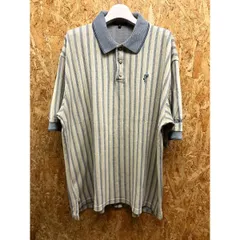 【中古】[印象BC] Ashworth アシュワース メンズ M イエロー系×ブルー系 綿100% 【USA製】 ポロシャツ ゴルフ ストライプ ロゴ刺繍 カットソー 長袖のサムネイル