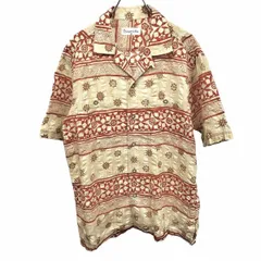 【中古】[印象AB] santafe サンタフェ オープンカラーシャツ メンズ 48 ブラウン 茶×ベージュ×黄×カーキ 綿100% ボックスカット フレンチフロント 両胸ポケット 裾の両側にスリット 開襟 ボーダー×幾何学模様 半袖のサムネイル