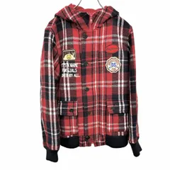 【中古】[印象AB] drug store's ドラッグストアーズ ジャケット / パーカー レディース 2 レッド 赤×紺×白 アクリル×ウール ハイネックフード ロゴ刺繍 ボタン×ジップ留め 裏地無し チェック 起毛 長袖のサムネイル