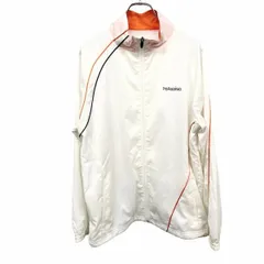 【中古】[印象AB] PARADISO パラディーゾ ジャケット メンズ M オフホワイト 白系×オレンジ×黒 ポリ100% ハイネック ジップアップ ロゴプリント 裾に調節ゴム 背中にベルクロ止めのベンチレーションフラップ ゴルフ 長袖 メッシュ裏地 薄手のサムネイル
