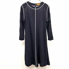 【中古】[印象AB] LANCEL ランセル カットソーワンピース レディース M 紺 (ラメ糸：シルバー) 綿×レーヨン 外付け肩パッド Aライン 背中ファスナー ストレッチ 若干薄手 裏地無し 袖がボーダー状に透け感 長袖のサムネイル