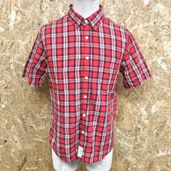 【中古】[印象AB] Dickies ディッキーズ メンズ L 赤系×白×ベージュ×青 綿×麻 シャツ チェック柄 裾にロゴ 胸ポケット付き 半袖 ラウンドテールのサムネイル