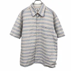 【中古】[印象AB] LACOSTE ラコステ シャツ メンズ 4 ネイビー 紺×ベージュ×ピンク 綿×麻 裾スリット ボーダー 小さいワニの刺繍 ポケット 半袖 ボックスカットのサムネイル