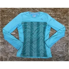 【中古】[印象BC] プーマ PUMA プラクティスシャツ 薄手 丸首 ヘリンボーン ロゴプリント 長袖 カットソー ポリ100% S エメラルドグリーン レディース
