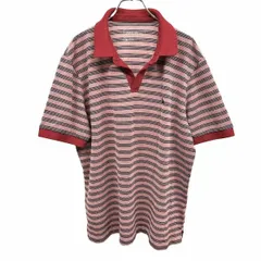 古着 エディーバウアー ポロシャツ オープンカラー ボーダー 鹿の子 半袖 鳥の刺繍 ポケット無し 綿×ポリ L ヘザーレッド 杢赤×紺 メンズ