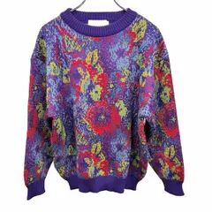 古着 フリーエッセル Free Essel セーター モザイク柄 丸首 プルオーバー 長袖 日本製 アクリル×ウール M パープル 紫×緑×赤系×青 メンズ