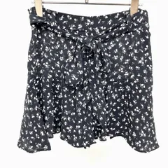 古着 ザラ ZARA 薄手 透け感 裾フリルフレアミニスカートパンツ 裏地無し 花柄 レーヨン100% S ブラック×オフホワイト 黒 レディース