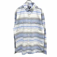 【中古】[印象A] LANDS END ランズエンド シャツ メンズ M ブルー 青×黒系×白系 綿100% ボーダー 両胸ポケット 長袖 レギュラーカラー 猫目ボタンのサムネイル