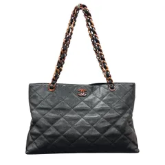 CHANEL 美品 シャネル ウッド チェーン トートバッグ ココマーク 6番台シリアル キャビアスキン レザー プラスチック ブラック ブラウン ショルダーバッグ ココマーク ヴィンテージ アンティーク レディース ABランク 鑑定済 中古 シャネルバッグ