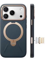 ★TORRAS iPhone 17 Pro Max 用 ケース【新感覚レザー・スキンタッチ】Ostand Q3 レザートーン MagSafe対応 リング スタンド 360°定点回転 縦横両対応 マグネット搭載 革  サファイア・ディープブルー