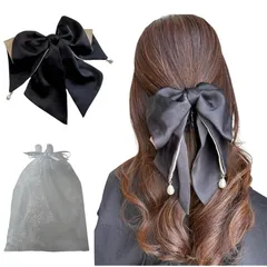 【新品】 Felizia. ヘアクリップ バンスクリップ リボン パール バレッタ ヘアアクセサリー しっかりとまる 蝶々型 上品 華やか おしゃれ 大きめ 韓国風 結婚式 卒業式 入学式 発表会 オフィス デート プレゼント ギフト ポーチ付き (グレー 0