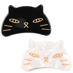 【新品】 猫モチーフ ヘアクリップ 2個セット 約6cm レディース 髪飾り ヘアアクセサリー ギフト (黒×白) 0