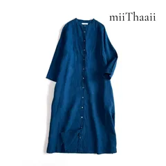 miiThaaii リネンワンピース バンドカラー ロング 麻100% ブルー インド製 ミーターイー