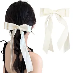 【新品】 Fesanla リボン バレッタ 白 大きめ シフォン ロングリボン ヘアクリップ 1個 ヘアアクセサリー 蝶結び 髪飾り 髪留め 大人 卒業式 結婚式 発表会 記念日 浴衣 パーティー (アイボリー) 0