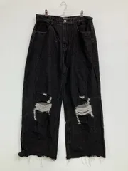 cussil デニムパンツ L ブラック フルレングス 無地 ワイド・ルーズ ストレート レギュラー クラッシュ・ダメージ