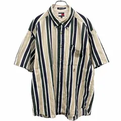 古着 トミーヒルフィガー TOMMY HILFIGER シャツ ストライプ ボタンダウン 半袖 刺繍 リネン×コットン 麻×綿 L ベージュ×緑×紺×白 メンズ
