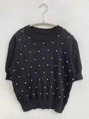ニット/セーター ブラック ニット ビジュー ショート丈 半袖 クルーネック(丸首)
