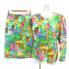 レオナール LEONARD ヴィンテージ セットアップ ノーカラージャケット ミディスカート 麻 リネン トロピカルプリント 9AR 緑系 マルチカラー /UO ■GY