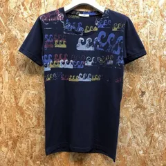 古着 TAKEO KIKUCHI タケオキクチ サイズ2 レディース Tシャツ 波柄プリント 丸首 カットソー 半袖 ポリエステル×綿 ダークネイビー 濃紺